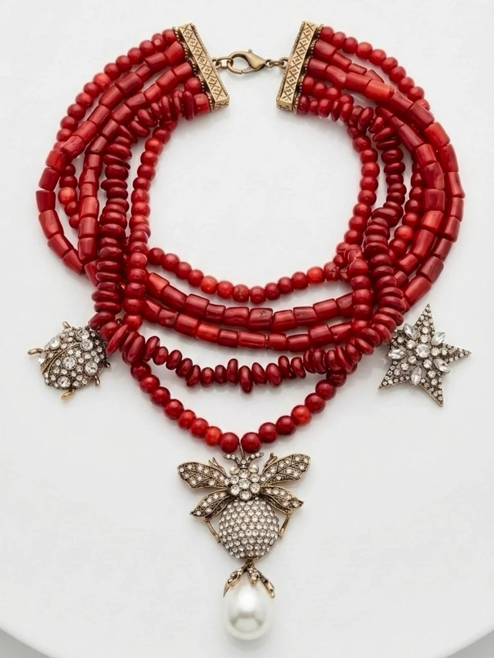 Coral Necklace w/ Pearl, Star & Ladybug Pendants | 18K Gold Plated Handcrafted